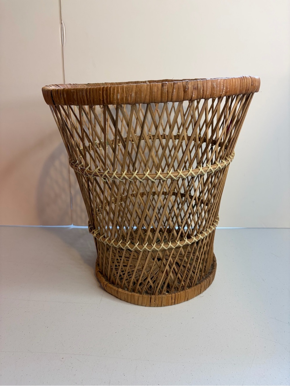 Vintage Wicker Woven Rattan Waste Basket Planter Bin Brown Home Decor Bohemian